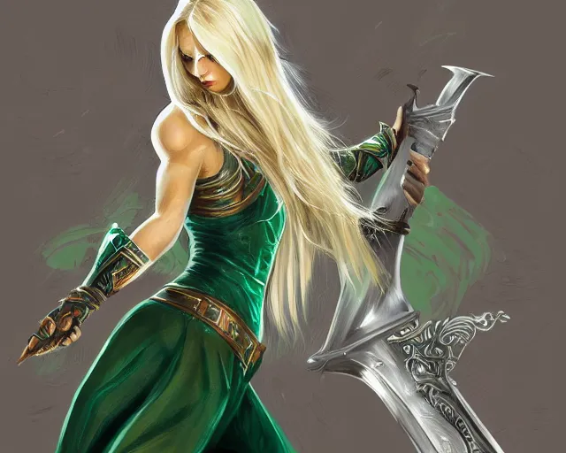 Image similar to A blonde emerald warrior, HD, illustration, epic, fantasy, intricate, elegant, amazing detail, digital painting, artstation, concept art, smooth, sharp focus, illustration, art by Frank Neidhardt