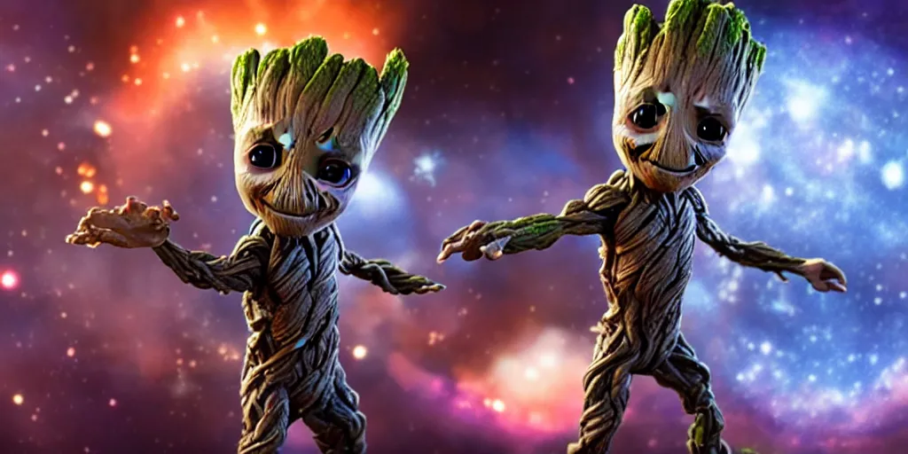 Prompt: a 3 d rendered movie still of baby groot. baby groot wears a spacesuit, and explores cosmos in a super awesome space ship. science fiction blockbuster movie baby groot rules the world or i was a teenage groot, dramatic lighting, imax 7 0 mm. buzz lightyear