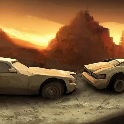 Image similar to post apocalypse scene of two cars parked on a cliff at sunset, computer art, concept art, high detail, warm colors, artstation
