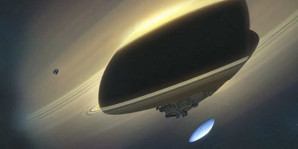 Prompt: An interstellar space vessel, Saturn, Twinkling stars, by Peter Elson, Trending on artstation