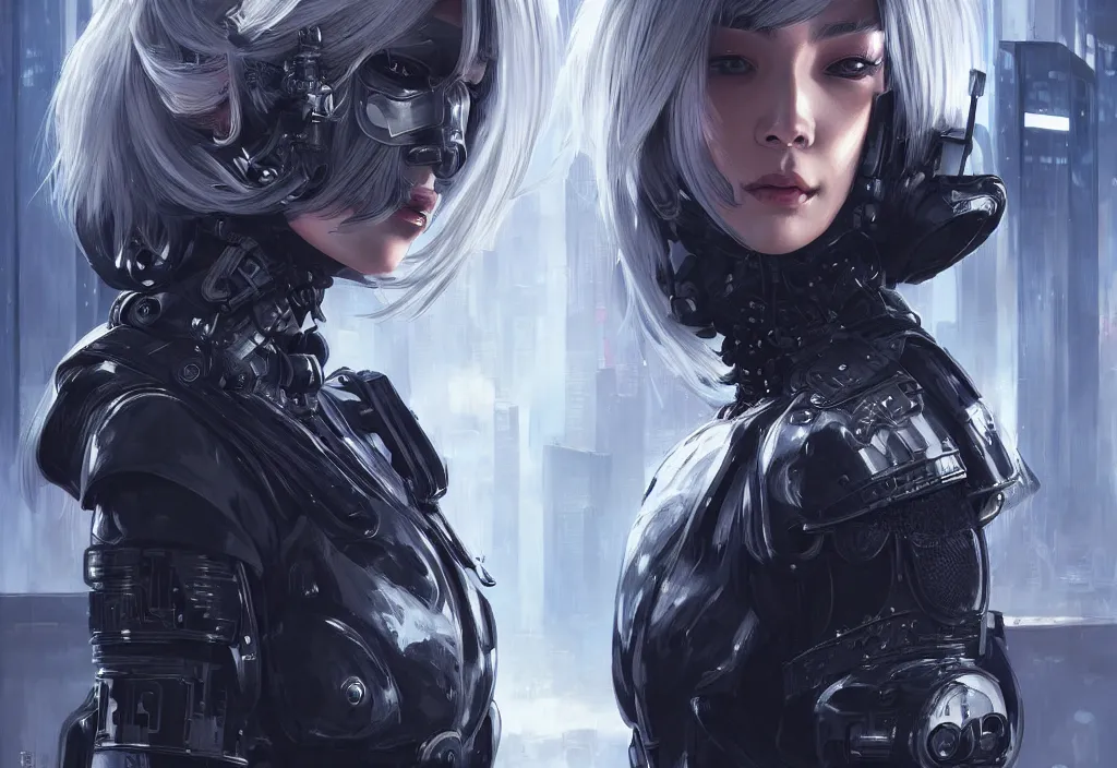 Prompt: portrait holy medium grey hair of futuristic police girl, black armored uniform, at futuristic cyberpunk tokyo night, ssci - fi and fantasy, intricate and very very very beautiful, highly detailed, digital painting, artstation, concept art, smooth and sharp focus, illustration, art by tian zi and wlop and alphonse mucha