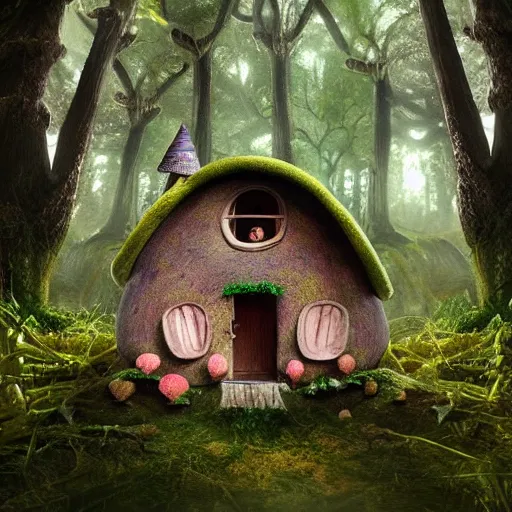 Prompt: a mushroom house in an enchanted forest