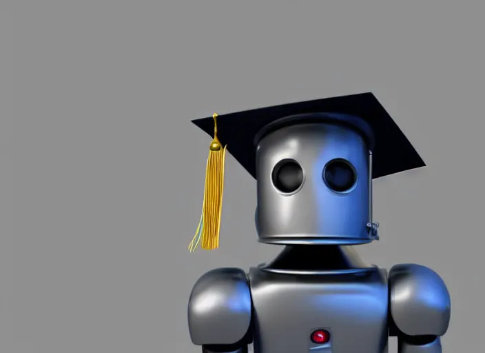 Image similar to professional illustration of the robot in graduation hat, sharp, hyperrealism rendered in blender and octave render 4K