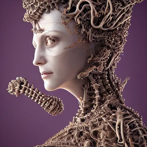 Prompt: a highly detailed photographic portrait of a human, biomechanical sculpture, mandelbrot fractal, intricate, elegant, ornate, elegant, luxurious, beautifully lit, ray traced, octane 3D render in the style of Gerald Brom and James Gurney