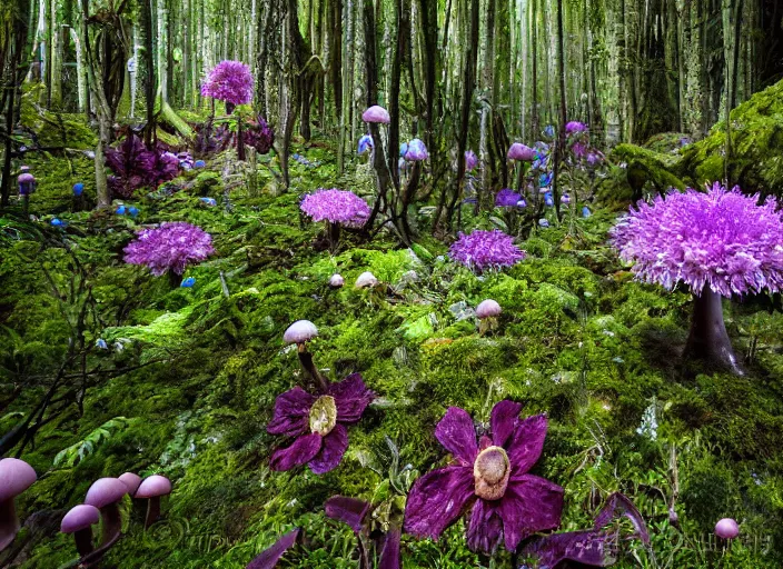 Prompt: glowing delicate flower and mushrooms that grow in fatansy forest on the planet Pandora,