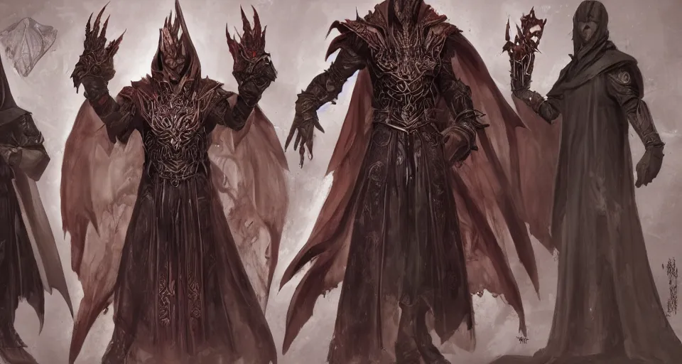 Prompt: A full body portrait character sheet of an evil looking Human sorcerer in Master sorcerer's ornate robes, video game concept art by Wizards of the Coast, Magic The Gathering, Blizzard, Games Workshop, Greg Rutkowski, Craig Mullins, WETA, Elder Scrolls.