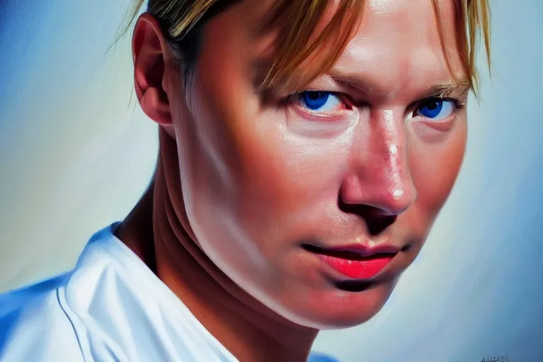 Image similar to ( ( a beautiful 8 k photorealistic masterpiece oil painting ) ( of ( shy mika hakkinen ) ( finnish painting ) ) ( hyperrealism ) ( 1 6 k ) ( trending on artstation )