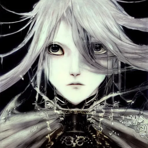 Image similar to Yoshitaka Amano blurred and dreamy illustration of an anime girl with pirate eye patch, wavy white hair and cracks on her face wearing Elden ring armour with the cape fluttering in the wind, abstract black and white patterns on the background, noisy film grain effect, highly detailed, Renaissance oil painting, weird portrait angle