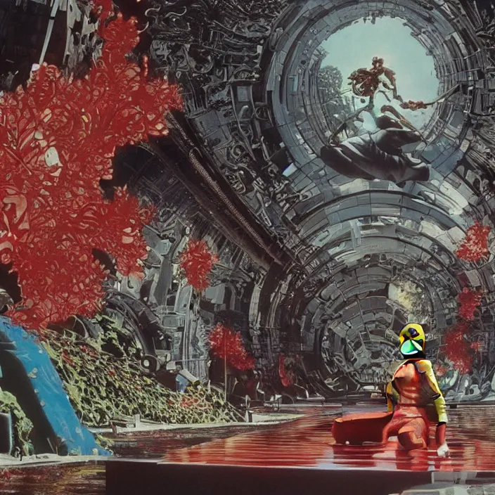 Image similar to a scene from akira, 1 9 7 0 s british kids tv programme by the bbc and oliver postgate, stop motion animation, fractal cyborg ninja sitting by the pool, highly detailed, photorealistic, octane render, 8 k, unreal engine, art by todd mcfarlane, artgerm, greg rutkowski, alphonse mucha