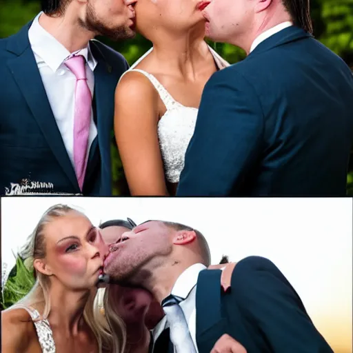 Image similar to two horribly deformed men in suits making out with two attractive blonde women dressed for a wedding party.