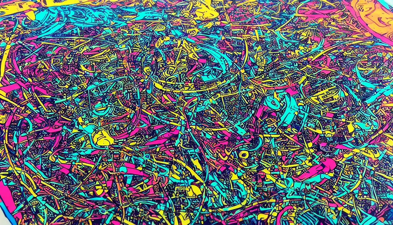 Image similar to The strange machine in the sprawling workshop. Black ink line drawing over a full color screenprint. Vivid colors.