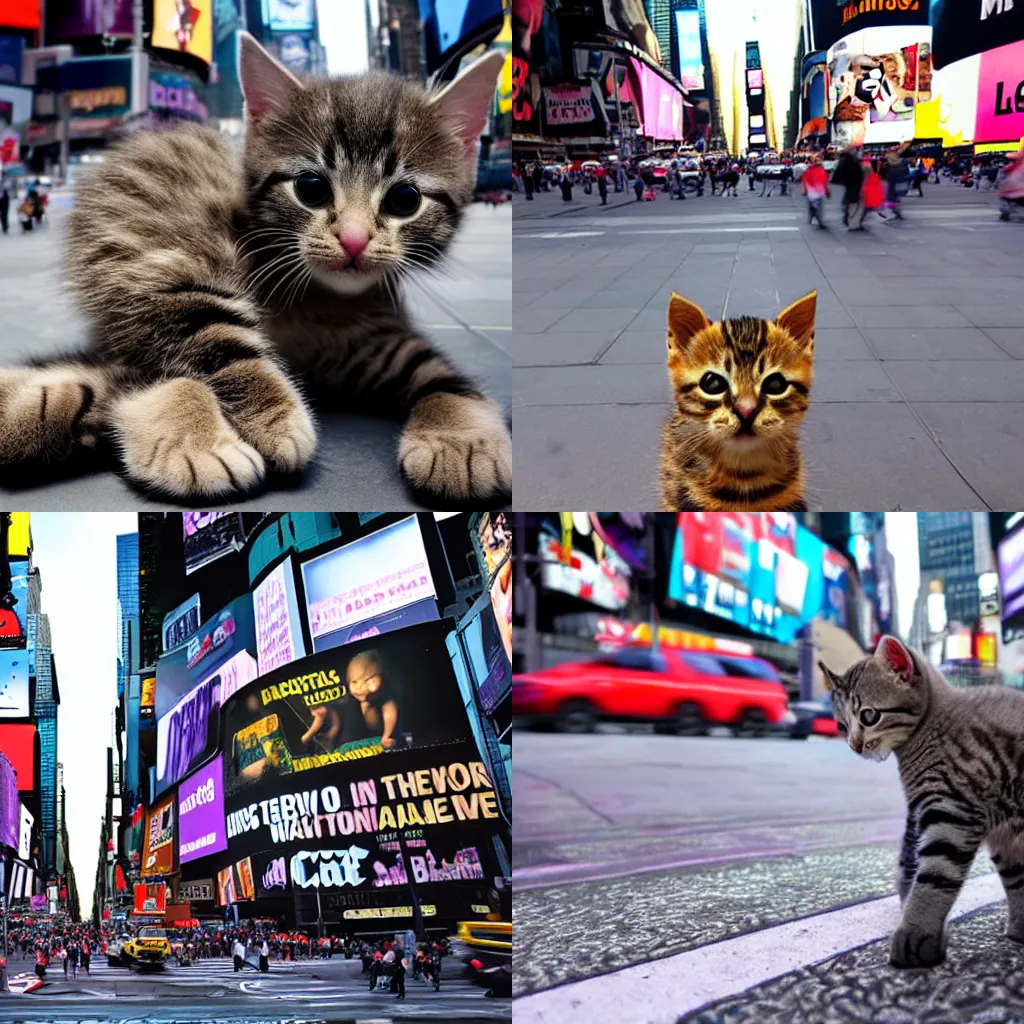 Prompt: baby cat in new york times square, award winning photo