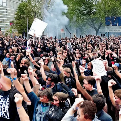 Prompt: a photo of rioters demanding free playstations