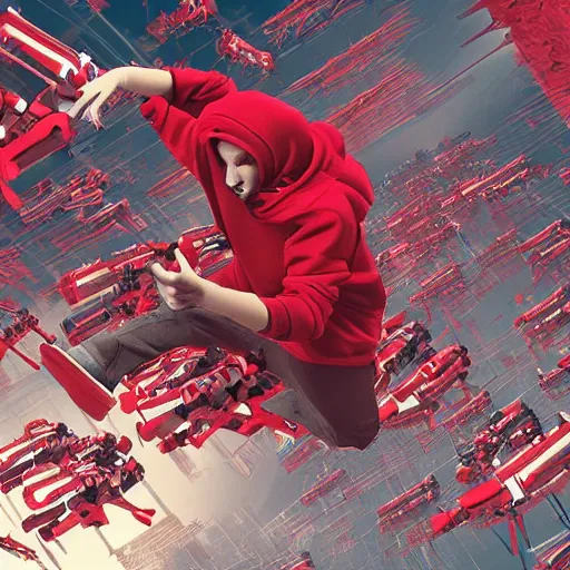 Prompt: man in red hoodie jumping over army of robots, digital art, dynamic