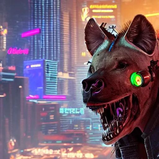 Image similar to cyborg hyena in cyberpunk 2 0 7 7, multiple wires and eyes resembling camera lenses, neon glowing lights on body, realistic, highly detailed concept art