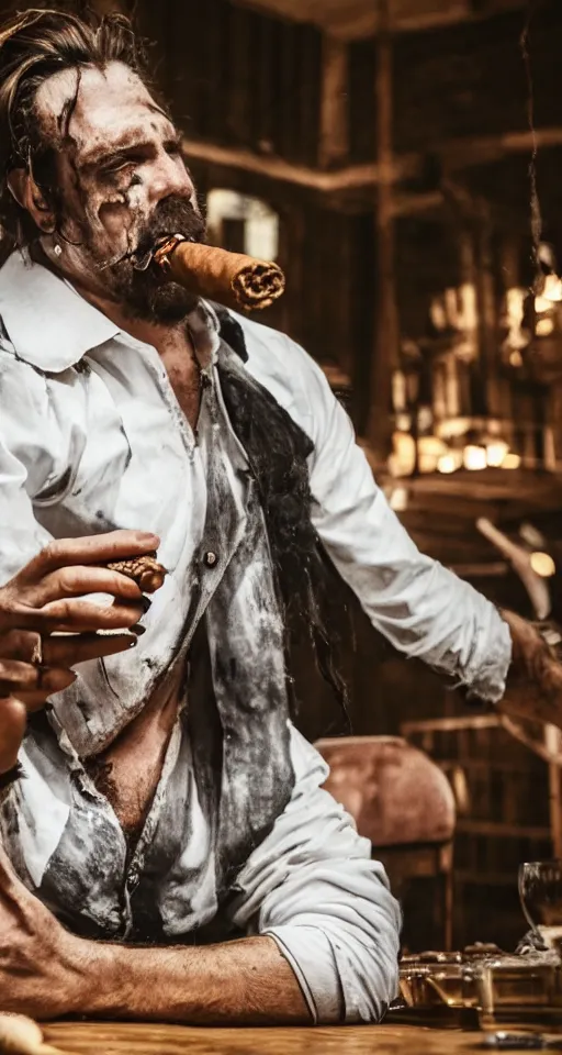 Prompt: man sitting alone at a large table, smoking a cigar and drinking whiskey with long hair and a dirty ripped white shirt, horror, gothic, lovecraftian, 4 k, realistic, high detail, gruesome