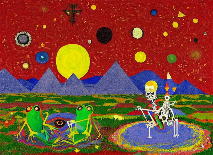 Image similar to pixel decollage painting tarot lovers card composition tower of babel road red armor maggot bear and wonky alien frog skeleton knight on a horse in a dark red cloudy night sky with golden foil jewish stars and diamonds, mountain lake and blossoming field in background, painted by Mark Rothko, Helen Frankenthaler, Danny Fox and Hilma af Klint, pixelated, neo expressionism, semi naive, pastel colors, cinematic, color field painting, cave painting, voxel, pop art look, outsider art, minimalistic. Bill Traylor painting, part by Philip Guston, Amano and Francis Bacon. art by Adrian Ghenie and Storm Thorgerson, very coherent symmetrical artwork, cinematic, hyper realism, high detail, octane render, unreal engine, Smooth gradients, depth of field, full body character drawing, extremely detailed, 8k, extreme detail, intricate detail, masterpiece