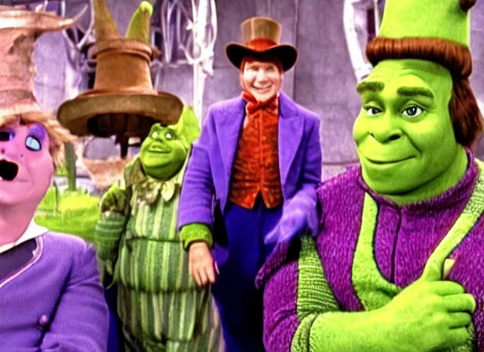 Image similar to film still of Shrek in Willy Wonka's and the Chocolate Factory 1971