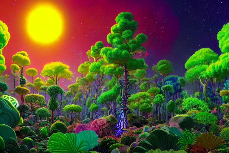 Image similar to a cosmic garden with glowing trees, flowers and plants by paolo eleuteri serpieri and tomer hanuka and chesley bonestell and daniel merriam and tomokazu matsuyama and makoto shinkai, clearly defined outlines, unreal engine, high resolution render, featured on artstation, octane, 8 k, highly intricate details, vivid colors