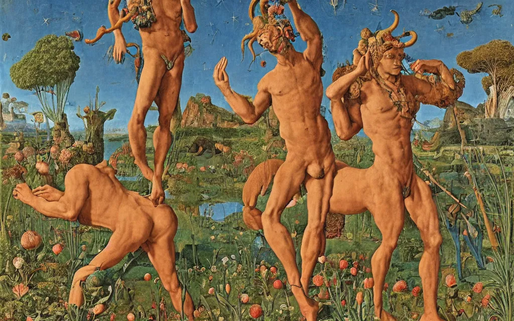 Image similar to a portrait photograph of a meditating satyr and a centaur monk riding a rocket machine and hunting at a river delta. surrounded by bulbous flowers and trees. mountain range under a blue sky of fiery stars. by jan van eyck, max ernst, ernst haeckel, ernst fuchs and artgerm, cgsociety, fashion editorial, 8 k