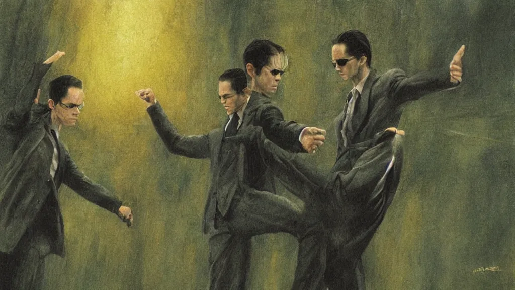 Image similar to an oil painting in the style of alan lee depictingneo fighting agent smith in the movie the matrix ( 1 9 9 9 )