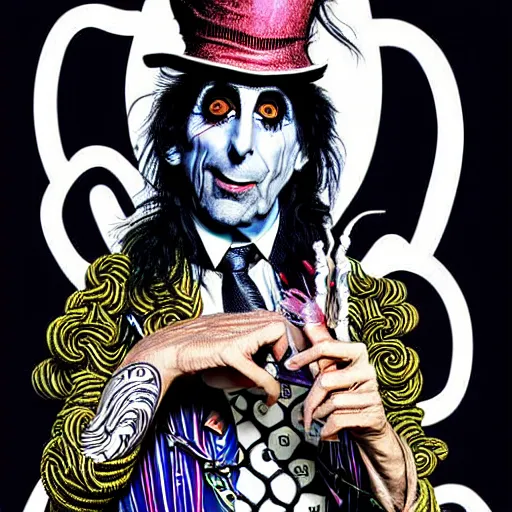 Prompt: graphic illustration, creative design, alice cooper in alice in wonderland, biopunk, francis bacon, highly detailed, hunter s thompson, concept art