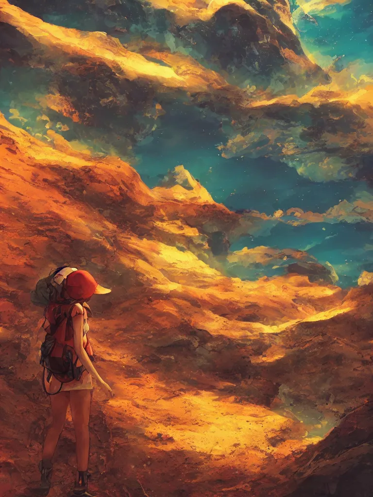 Prompt: Female backpacker exploring an exotic alien landscape, warm colours, detailed, manga,