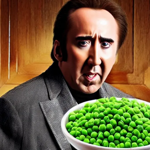 Prompt: nicolas cage trapped in a wicker cage screaming with a mouth full of peas