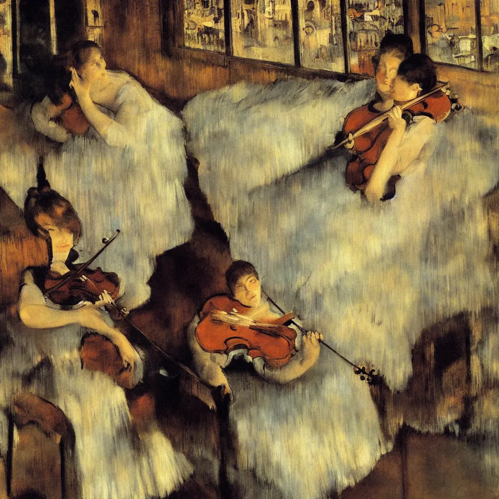 Image similar to impressionistic painting of a woman playing a violin in a dark bedroom as city lights stream through the window, painting style by salvador dali and degas and manet