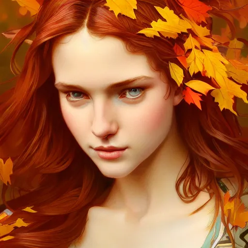 Prompt: girl with super long hair, hair becoming autumn red leaves, intricate, highly detailed face!!, digital painting, artstation, concept art, smooth, sharp focus, illustration, unreal engine 5, 8 k, art by artgerm and greg rutkowski and alphonse mucha