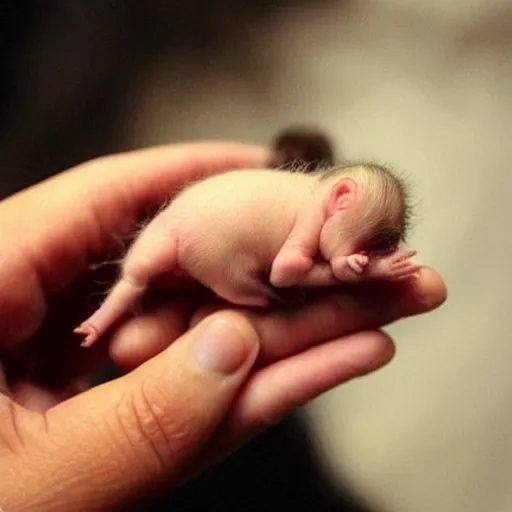 Prompt: a tiny pigmy baby demon in the palm of a person's hand, super cute