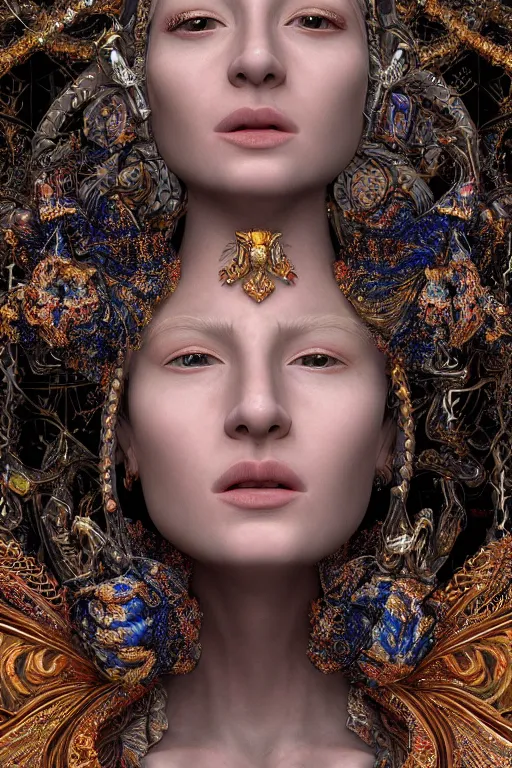 Image similar to hyper-realistic ultra-detailed maximalist and dramatic elegant luxury beautiful young empress portrait by igor goryunov and patricio clarey inspired by andrei riabovitchev and heidi taillefer Rendered by binx.ly 8k. Generative art. Fantastic realism. Scifi feel. Extremely Ornated. Intricate and omnious. Tools used: Blender Cinema4d Houdini3d zbrush. Unreal engine 5 Cinematic. Beautifully lit. No background. artstation. Deviantart. CGsociety.