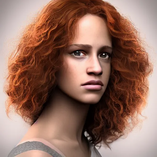 Image similar to Curly ginger hair Alicia Vikander, realistic, photo studio, HDR, 8k, trending on artstation