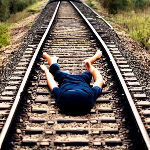 Prompt: man laying on train tracks