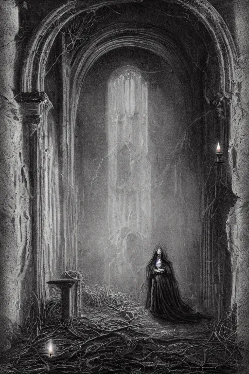 Prompt: baroque gothic woman, lit by a single candle, inside a ruined abbey, a crow stood nearby, cobwebs, dead leaves, gustave dore, 4 k resolution, concept art, mist, autumnal, chiaroscuro,