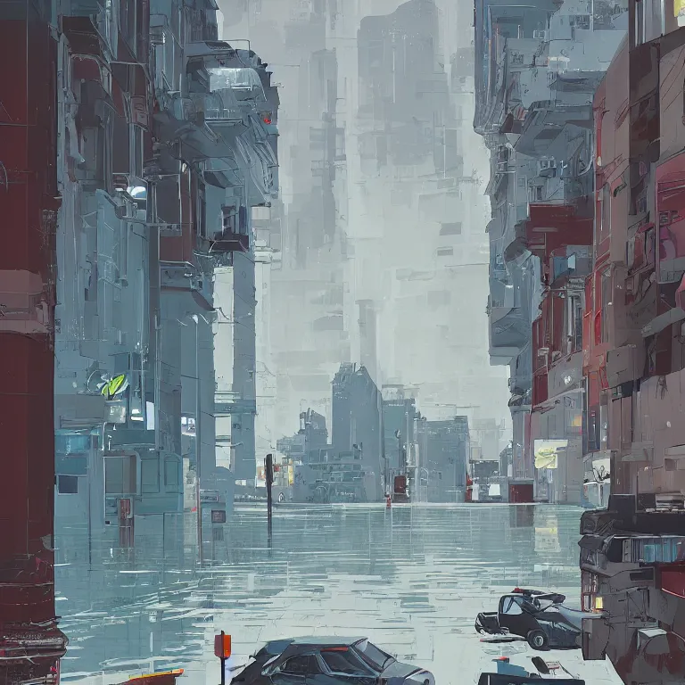 Image similar to morning flood in an empty city, , painted by James Gilleard, airbrush