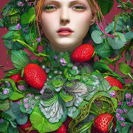 Image similar to the portrait of an absurdly beautiful, graceful, elegant, sophisticated, fashionable woman made of strawberries and green petals looking up, an ultrafine hyperdetailed illustration by kim jung gi, irakli nadar, intricate linework, bright colors, octopath traveler, final fantasy, unreal engine 5 highly rendered, global illumination, radiant light, detailed and intricate environment