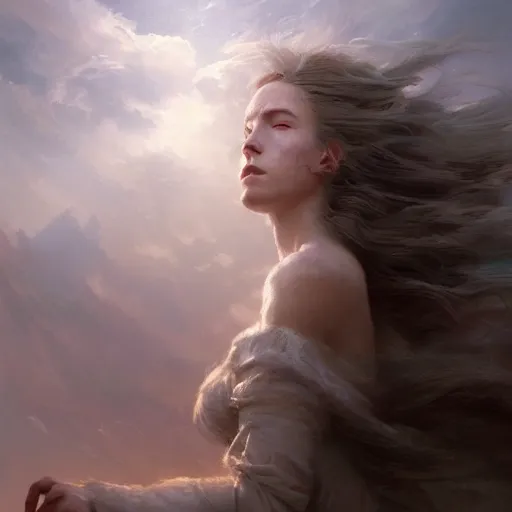 Image similar to a beautiful portrait of a wind goddess fading into the clouds by Greg Rutkowski and Raymond Swanland, Trending on Artstation, ultra realistic digital art