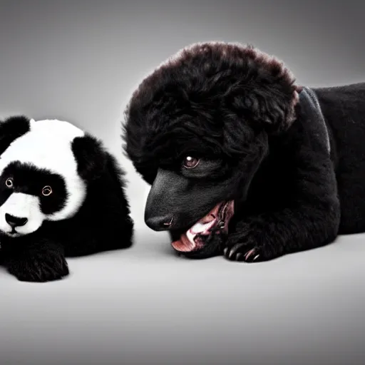 Image similar to a photo of a black poodle dog and a panda together,