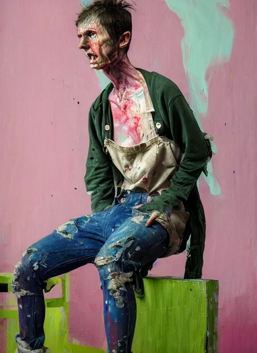 Image similar to an insane, skinny, artist wearing torn overalls, expressive emotions, painting inside a grand messy studio, depth of field, hauntingly surreal, highly detailed oil painting, by francis bacon, edward hopper, adrian ghenie, glenn brown, soft light 4 k in pink, green and blue colour palette, cinematic composition, cinematic lighting, high quality octane render, masterpiece