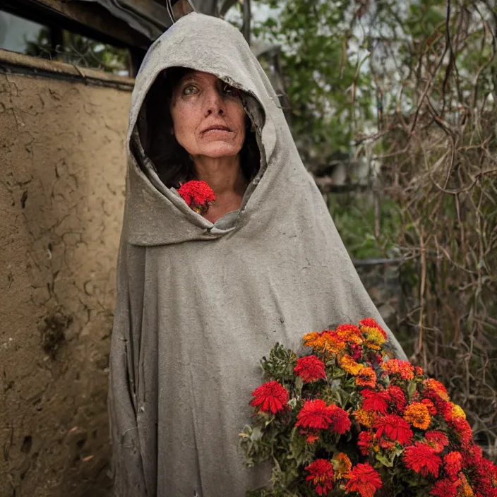 Image similar to a woman wearing a hooded cloak made of zinnias and barbed wire, in a derelict house, by Erik Almas, natural light, detailed face, CANON Eos C300, ƒ1.8, 35mm, 8K, medium-format print