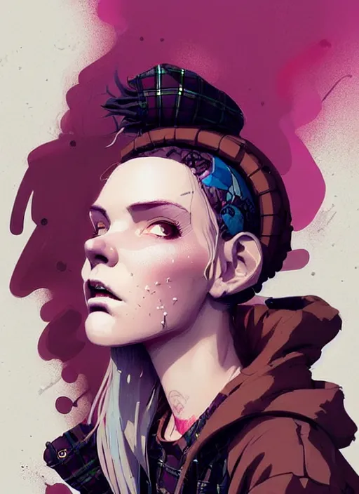 Image similar to highly detailed portrait of a sewer punk lady, tartan hoody, blonde ringlet hair by atey ghailan, by greg rutkowski, by greg tocchini, by james gilleard, by joe fenton, by kaethe butcher, gradient magenta, black, blonde cream and white color scheme, grunge aesthetic!!! ( ( graffiti tag wall background ) )