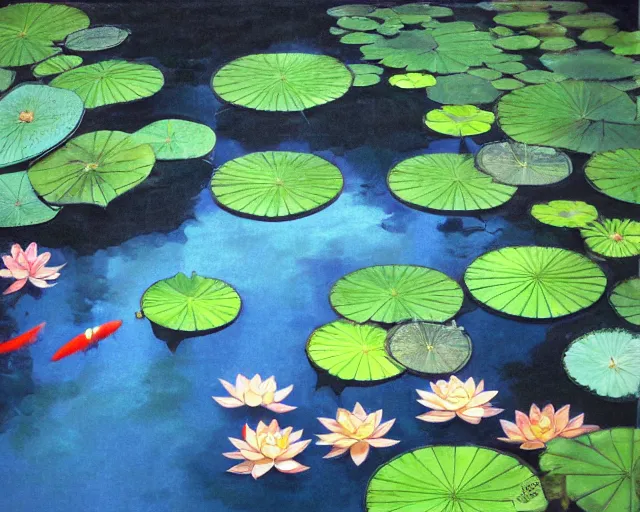 Image similar to koi pond, lotus flowers, dark blue water, green lily pads, goldfish, a fantasy painting by makoto shinkai and James Gurney, trending on artstation