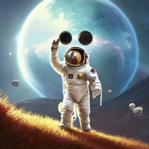 Prompt: A sheep in an astronaut suit and helmet floating in space, earth in the background, stars and galaxies, in the style of Rayman origins, michael ancel, Ruan Jia and Mandy Jurgens and Greg Rutkowski, trending on Artstation, award winning, unreal engine, octane render W 1024