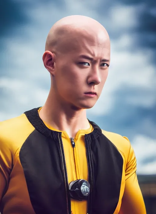 Image similar to A full portrait photo of real-life saitama one punch man, f/22, 35mm, 2700K, lighting, perfect faces, award winning photography.