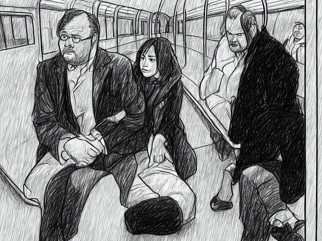 Image similar to a drawing by Jaime Hernandez, a low angle medium shot of two people sitting in an empty Chicago subway train, in front of windows: a sad Aubrey Plaza wearing a winter coat and a man who looks like a mix of (Louis CK and Philip Seymour Hoffman) in a suit