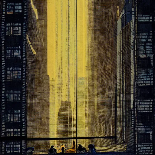 Prompt: art style based on light beams and wires is adoperated to picture a guy sitting on a window. high building. new york.