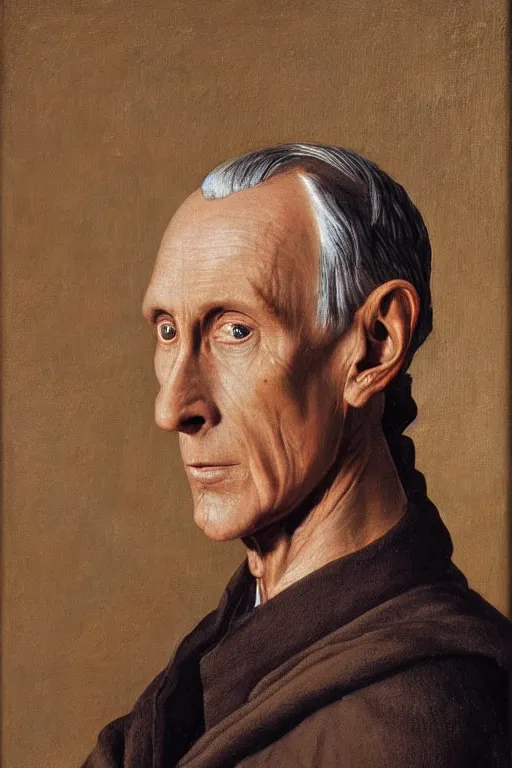 Image similar to portrait of jedi master wilhuff tarkin, oil painting by jan van eyck, northern renaissance art, oil on canvas, wet - on - wet technique, realistic, expressive emotions, intricate textures, illusionistic detail