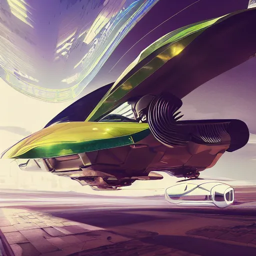 Image similar to solarpunk hovercar, clean energy, green technology, batoidea shape, airspace, sunny day, futurism, intricate, engines, glow, highly detailed, peaceful, utopia, bright, digital painting, artstation, concept art, smooth, sharp focus, epic landscape, art by akihiko yoshida and tim mcburnie and anato finnstark