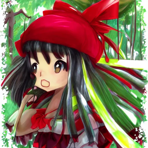 Prompt: a digital drawing of reimu in the jungle wearing bonnet